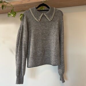 Grey Sweater with Pearl Neckline